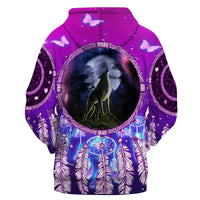 Violet pullover hoodie with dreamcatcher and lone wolf graphic, centered on back