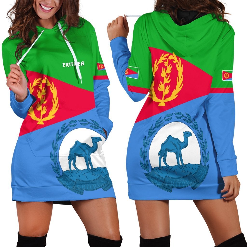 Multicolor Eritrea-flag hoodie dress, green hood, blue camel graphic, front drawstrings