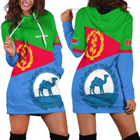 Multicolor Eritrea-flag hoodie dress, green hood, blue camel graphic, front drawstrings
