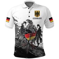 White Germany polo shirt with eagle crest graphic and black/red shield on front