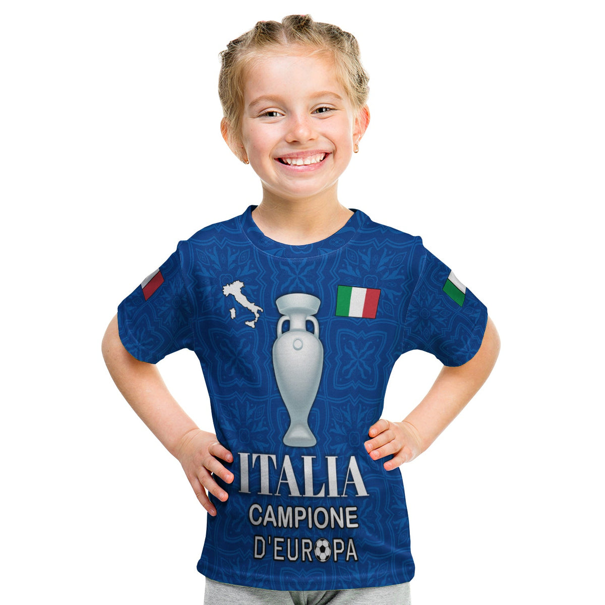 Kids blue graphic T-shirt with Italy trophy, flags and 'ITALIA CAMPIONE D'EUROPA' text