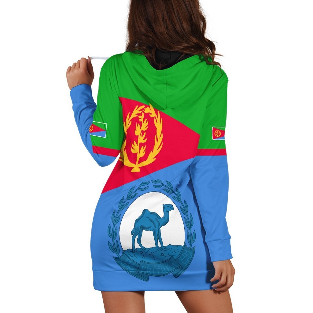 Back hoodie dress, hood up, red-and-blue flag panel, green sleeves, blue camel emblem