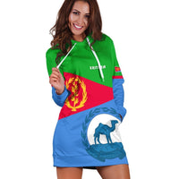 Front hoodie dress with green hood and red/blue flag colors, large blue camel graphic