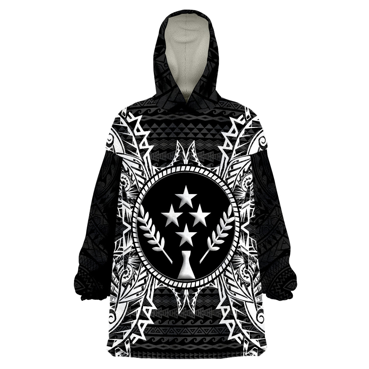 Wearable blanket hoodie in black with white tribal print and star emblem, hooded front
