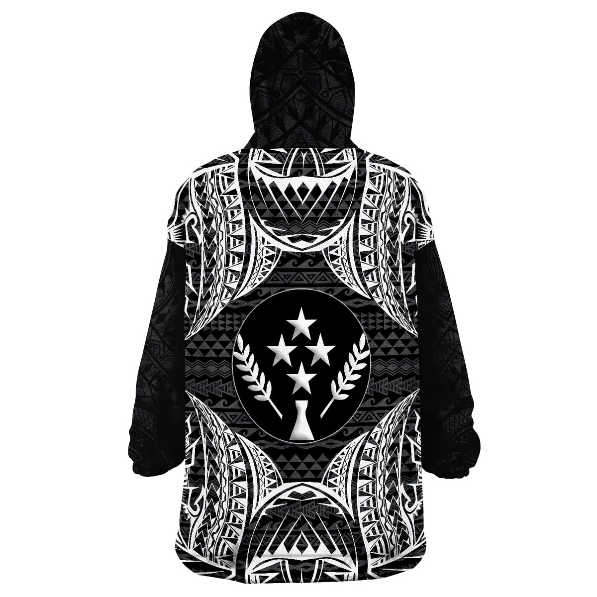 Wearable blanket hoodie in black with white tribal print, star-and-laurel emblem, hooded back