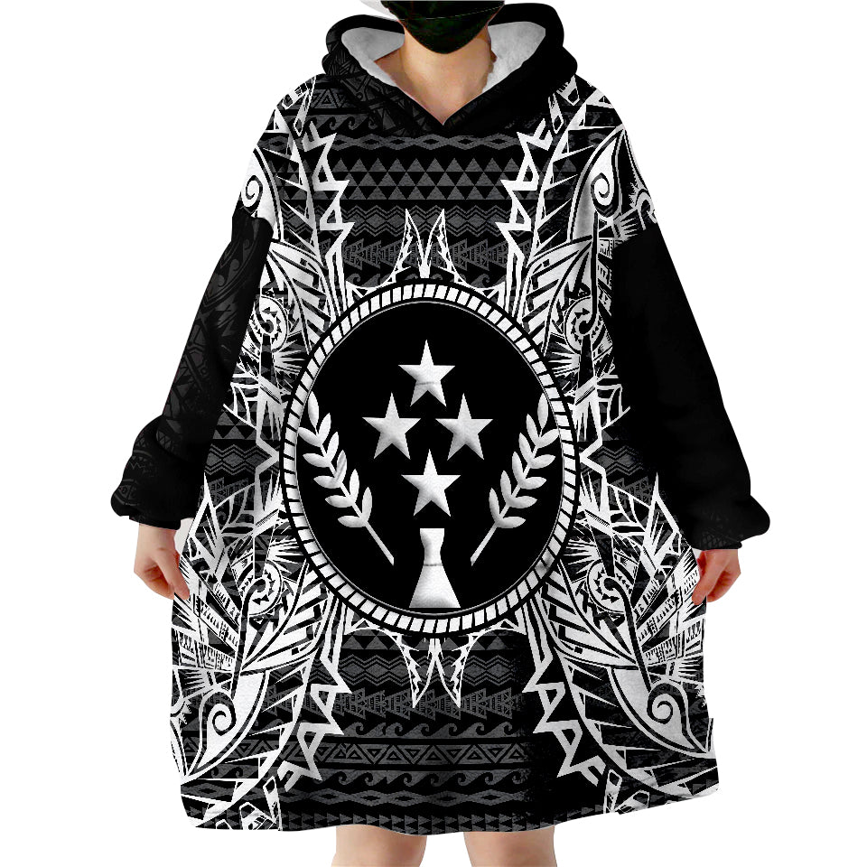 Wearable blanket hoodie with black hood, white tribal pattern, large front star emblem