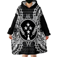 Wearable blanket hoodie with black hood, white tribal pattern, large front star emblem