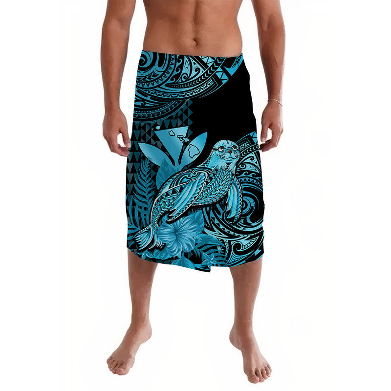 Black lavalava skirt with turquoise monk seal graphic and tribal Polynesian patterns