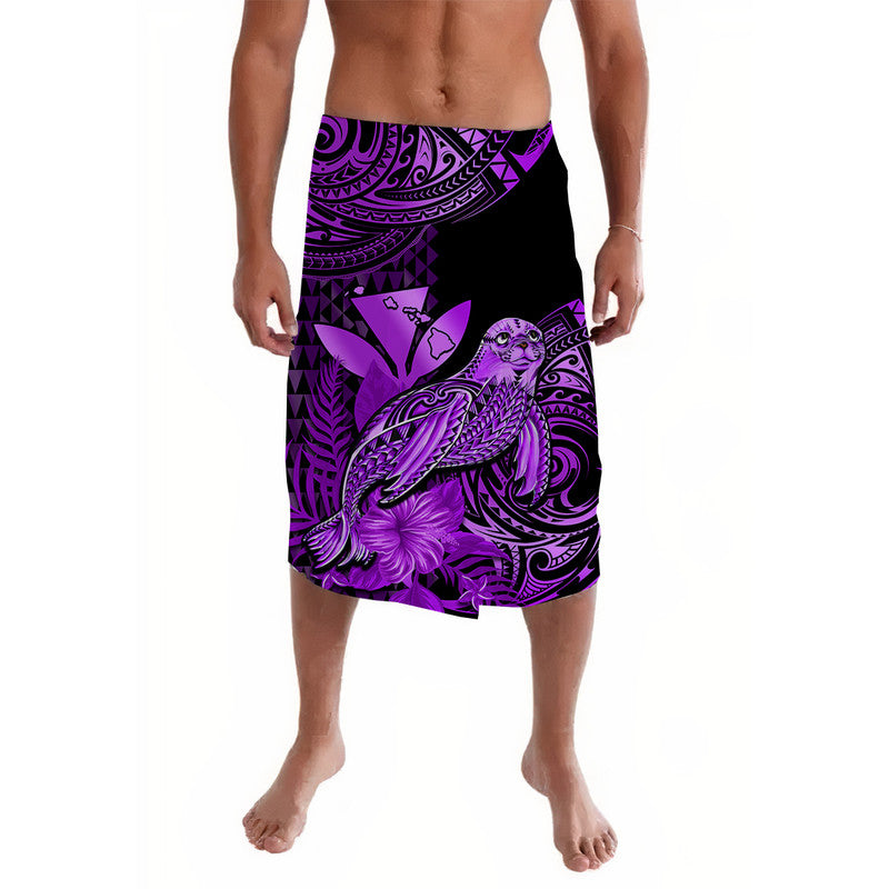 Purple and black Polynesian lavalava with monk seal and tribal tiki pattern