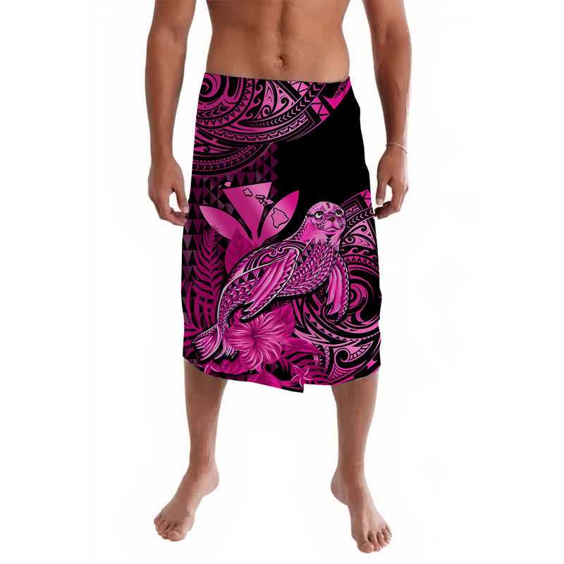 Pink and black lavalava skirt with monk seal and Polynesian tattoo print