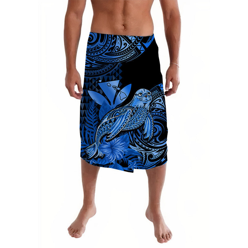 Blue and black Polynesian lavalava sarong with large monk seal and tribal patterns