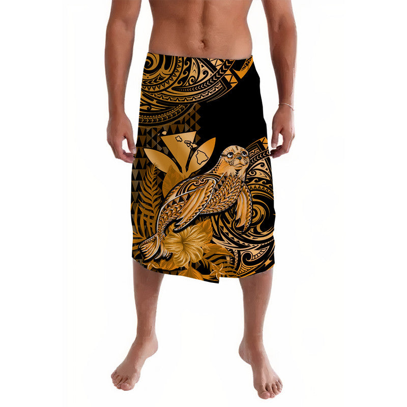 Polynesian monk seal lavalava sarong in black with gold tribal patterns