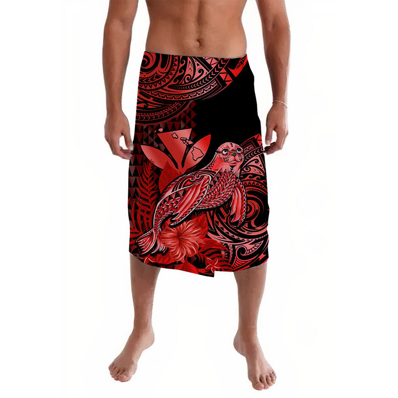 Red and black Polynesian print lavalava wrap with bold tribal graphics and panel design