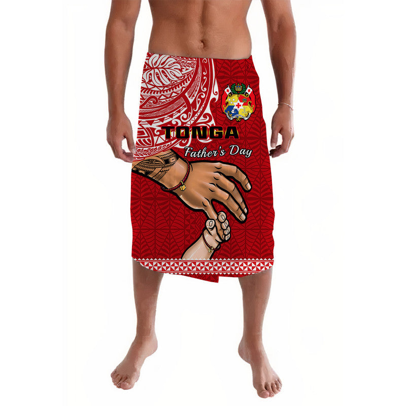 Red lavalava skirt with Father's Day print and Tongan patterns