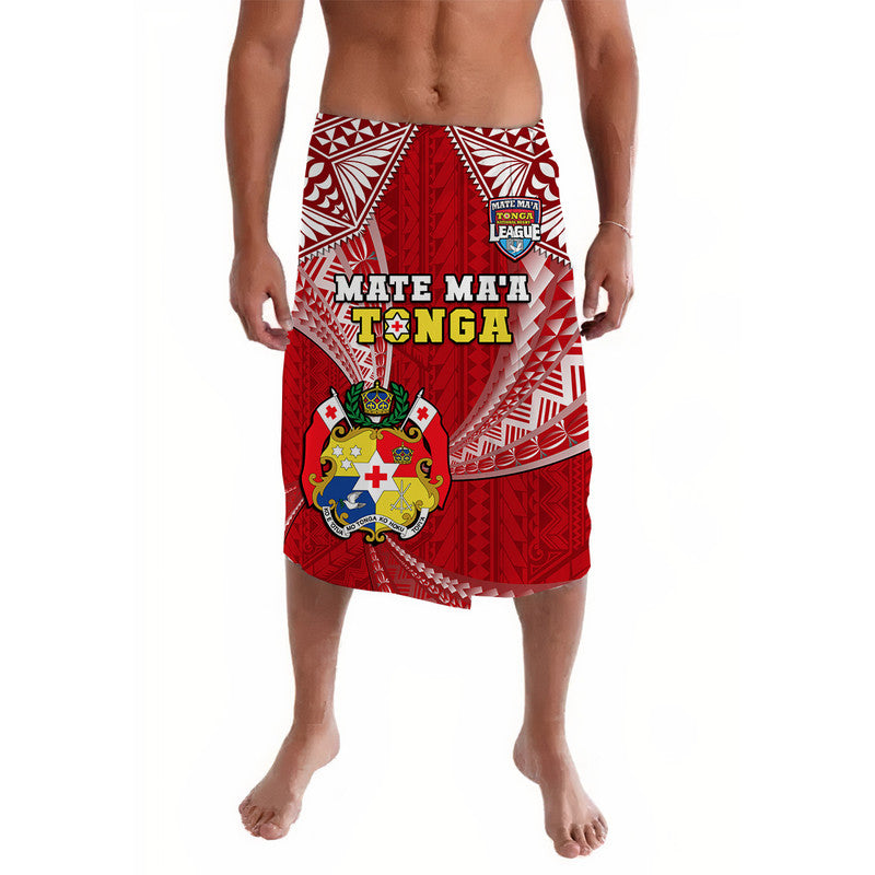 Red patterned rugby lavalava sarong skirt with crest and geometric trim