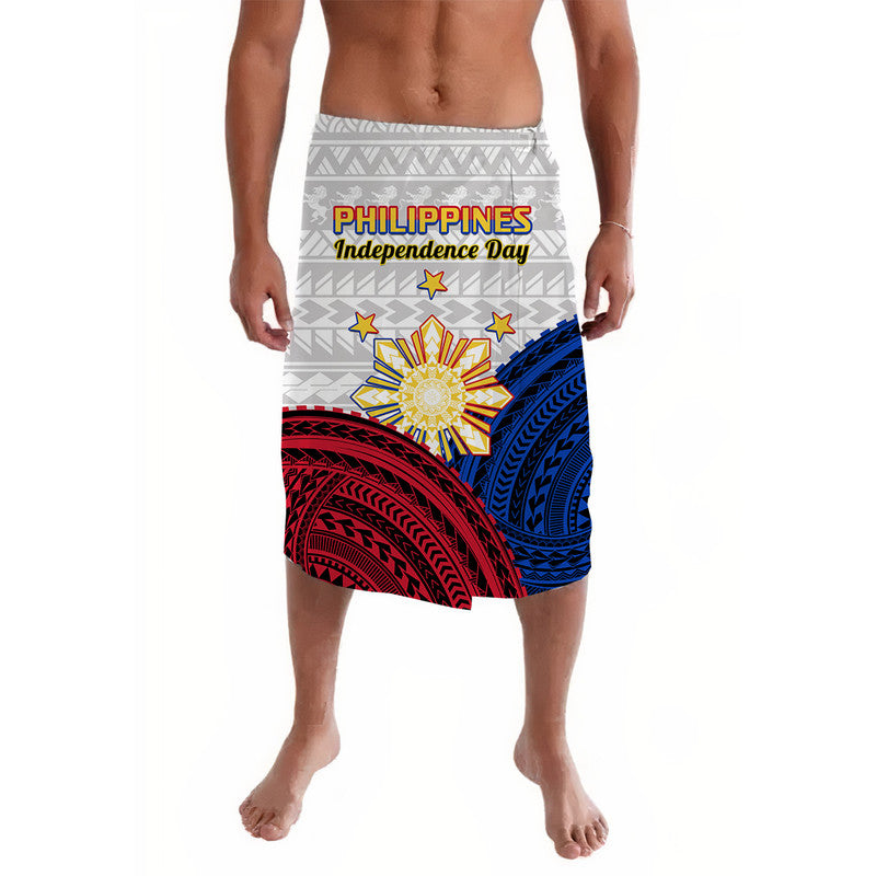 White lavalava wrap skirt with colorful Philippine Independence Day graphic and patterns