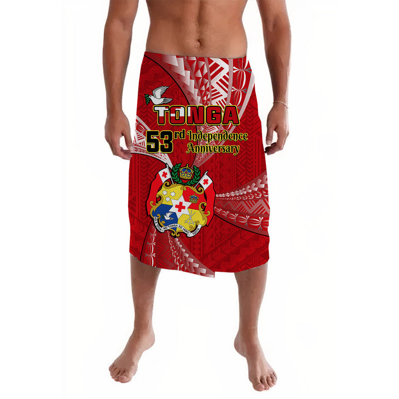Red patterned lavalava wrap skirt with Tongan crest and 53rd independence print
