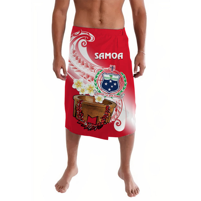 Red lava lava wrap skirt with white swirl graphic, Samoa emblem, and plumeria flowers