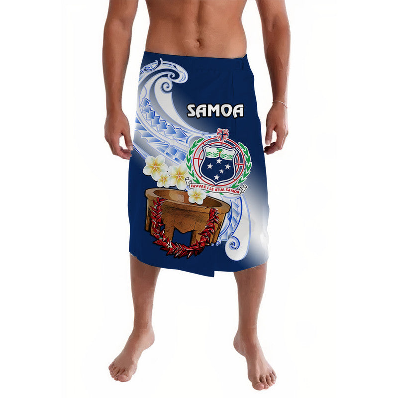 Blue printed lava-lava wrap skirt with Samoa crest, plumeria, and kava bowl