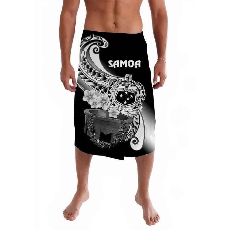 Black lavalava skirt with white Polynesian shield and plumeria print, knee length