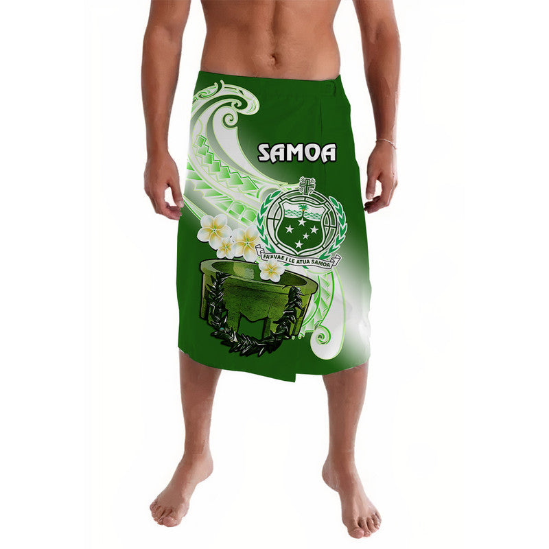 Green lavalava wrap skirt with Samoa crest and plumeria print