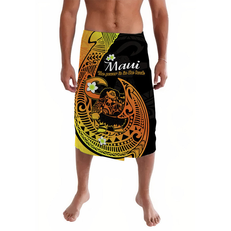 Polynesian lavalava skirt with black-and-gold fish hook print, knee length