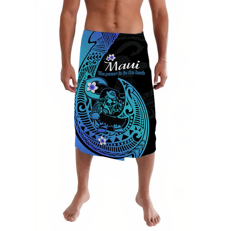 Turquoise and black fish-hook lavalava sarong with Polynesian floral and tiki print