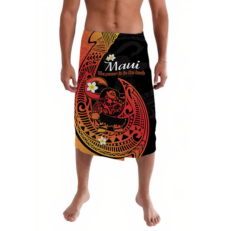 Orange gradient lavalava skirt with black Polynesian fishhook and floral print, front view
