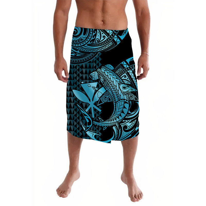Black and turquoise Polynesian shark sarong with geometric tribal pattern, front view