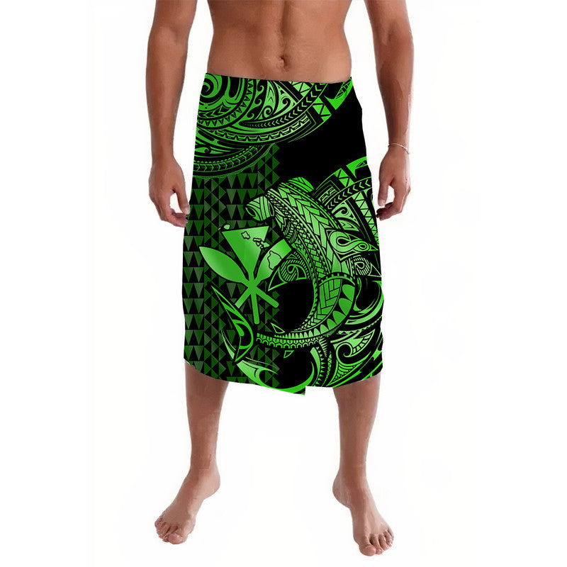 Green and black Polynesian lavalava skirt with hammerhead shark and tribal patterns