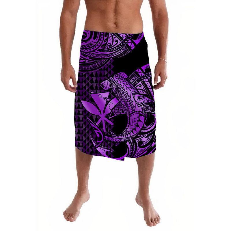 Purple and black Polynesian print lavalava wrap skirt with shark motif