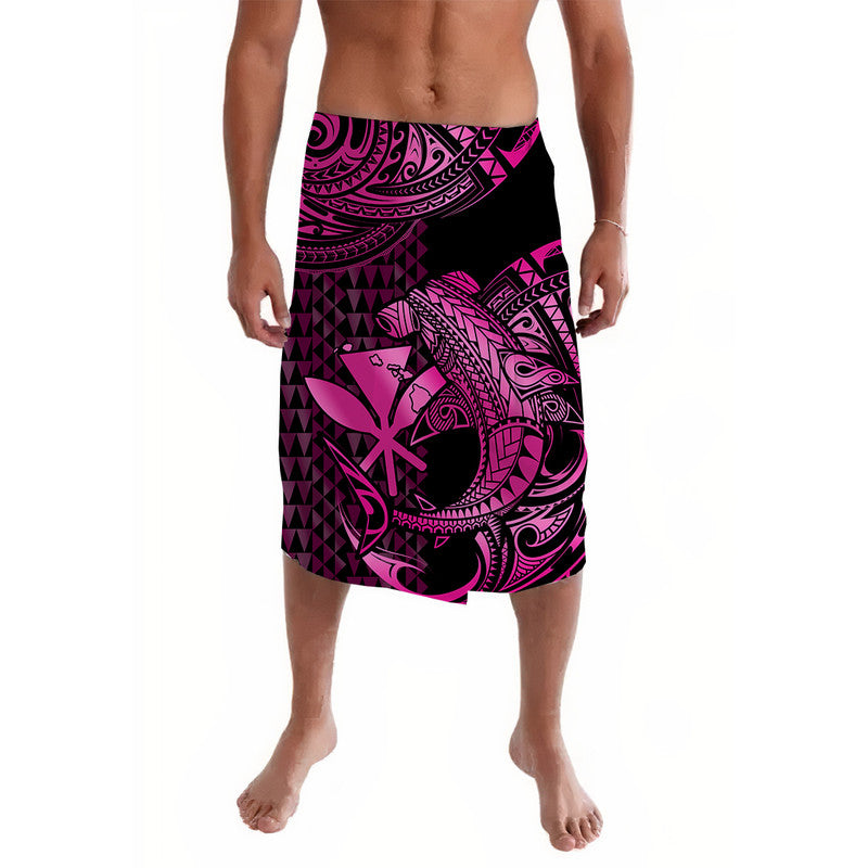 Pink and black Polynesian print lavalava with central shark motif and wrap waist.
