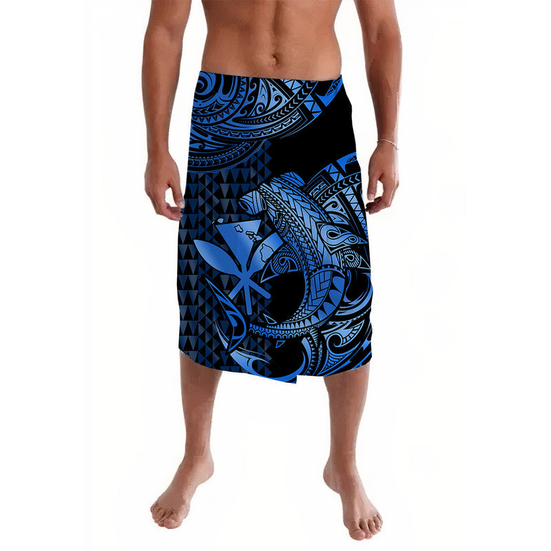 Blue and black Polynesian lavalava with hammerhead shark and tribal patterns, front view