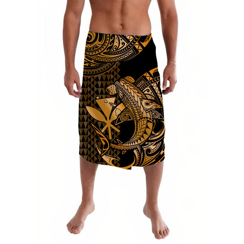Black and gold Polynesian lavalava wrap skirt with stylized shark graphic