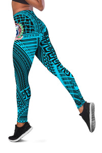 Tribal leggings in teal with bold geometric print, full-length view
