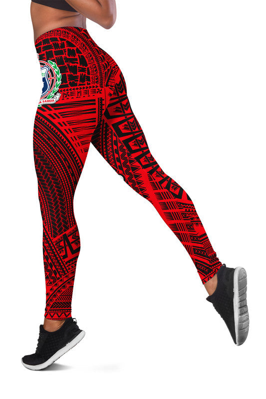 Red and black tribal leggings, side logo and allover geometric pattern