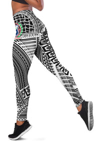 White tribal leggings showing black geometric print, slim leg fit