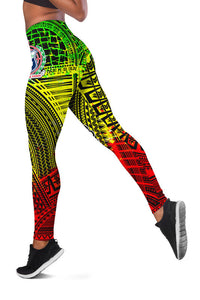 Tribal print leggings in neon green, yellow and red with black geometric trim, full length
