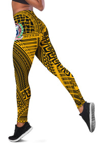 Gold and black tribal leggings, side view, full-length