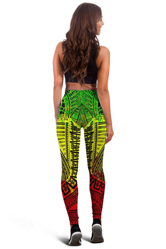 Back view of tribal print leggings with neon green, yellow and red geometric pattern