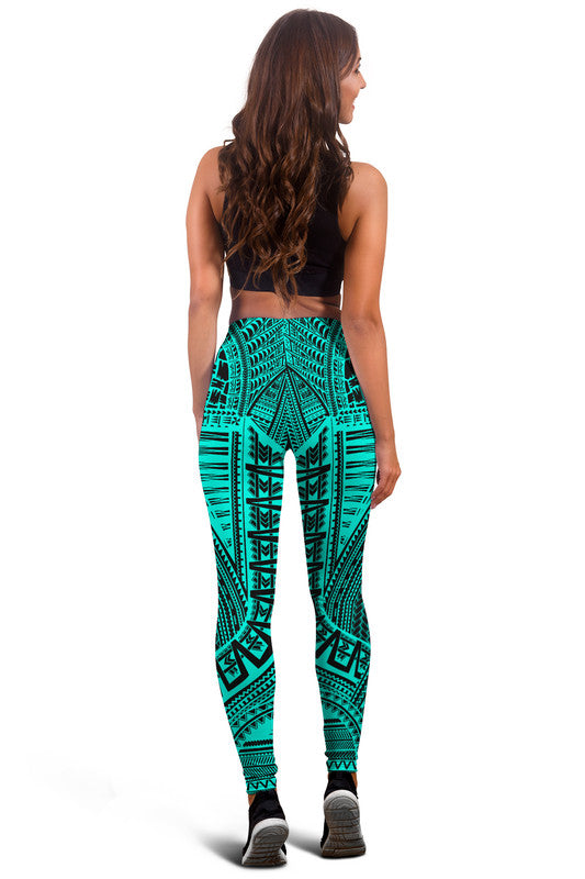 Back view tribal print leggings in green/teal with high-rise waistband