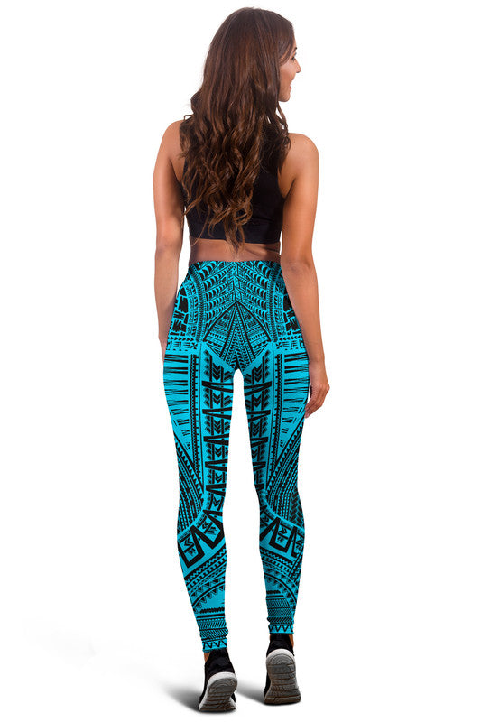Tribal leggings with blue-teal geometric print, back view