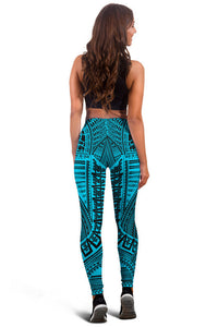 Tribal leggings with blue-teal geometric print, back view