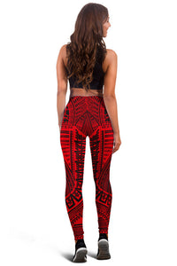Red tribal leggings with back geometric motif and high-rise black waistband