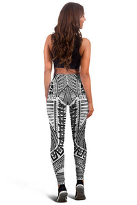 Back view white tribal leggings with black geometric pattern, full-length slim fit
