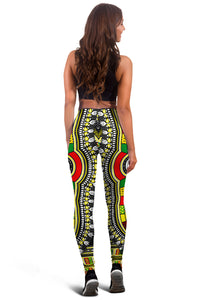 Back view black leggings with central dashiki medallion and green-red border