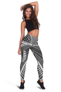White tribal leggings with black geometric pattern, full-length slim fit