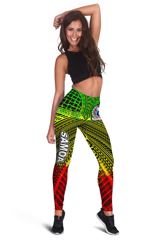 Tribal print leggings with neon green, yellow and red geometric pattern, full length