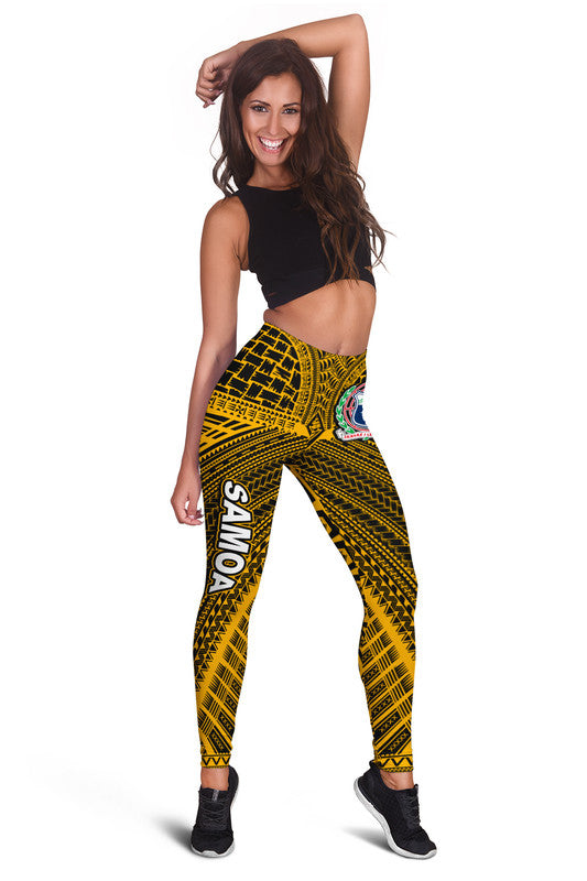 Gold and black tribal print leggings with elastic waistband, full-length