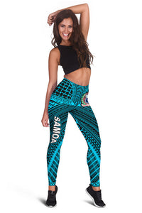 Tribal blue-and-teal leggings with geometric pattern and side logo stripe
